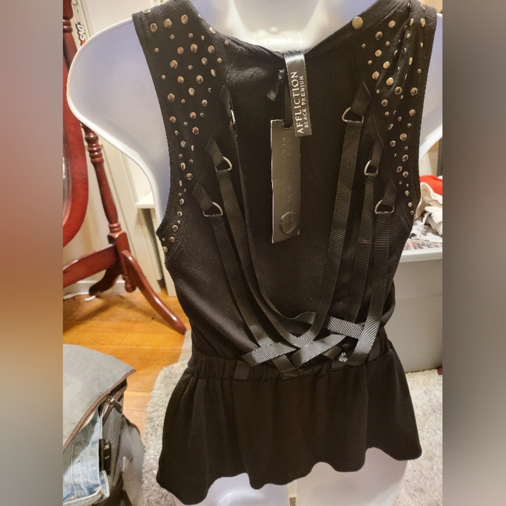 Affliction Women’s Black Stud-Detail Ribbon Back Tank Top